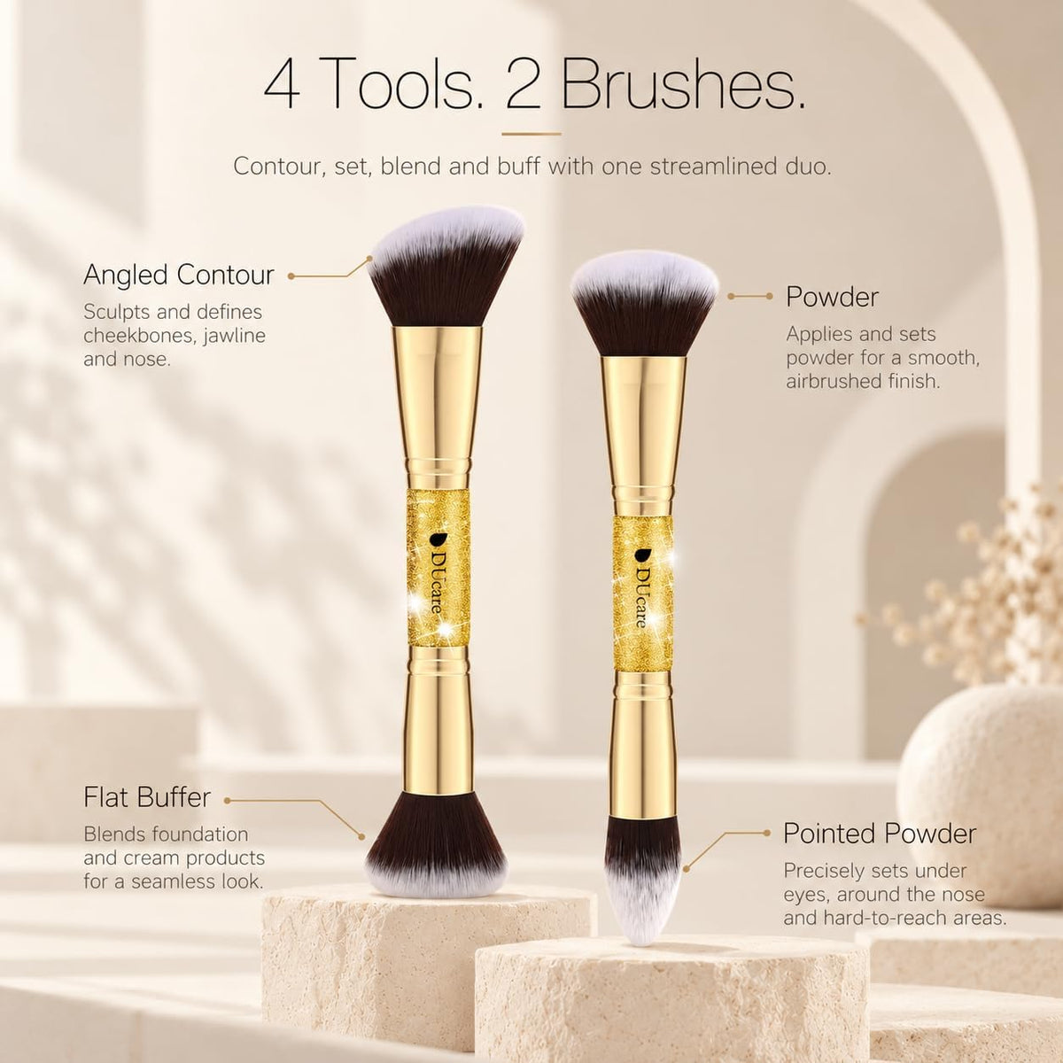 Makeup Brushes Duo End Foundation Powder Buffer Contour 2Pcs Gold